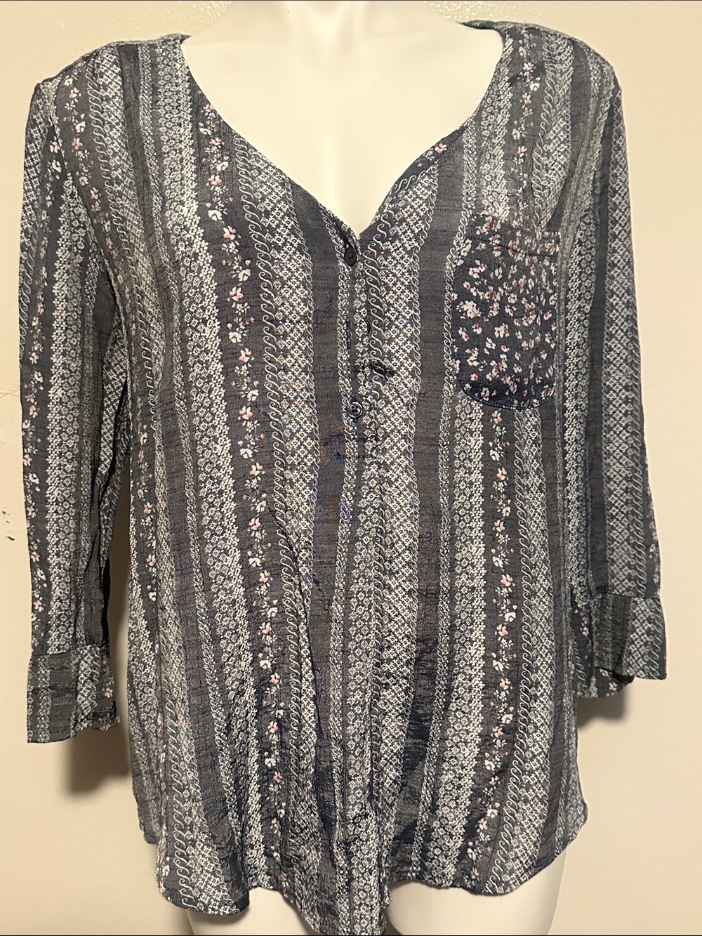 Fred David Navy and White Striped Floral-Accent V-Neck Blouse
